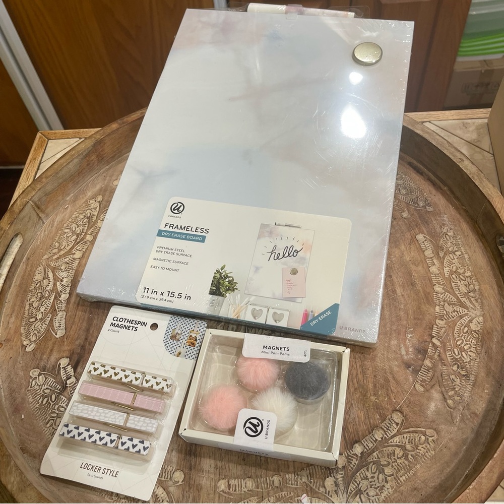 Frameless magnetic dry erase boards and 2 sets of pom pom & clothespin magnets